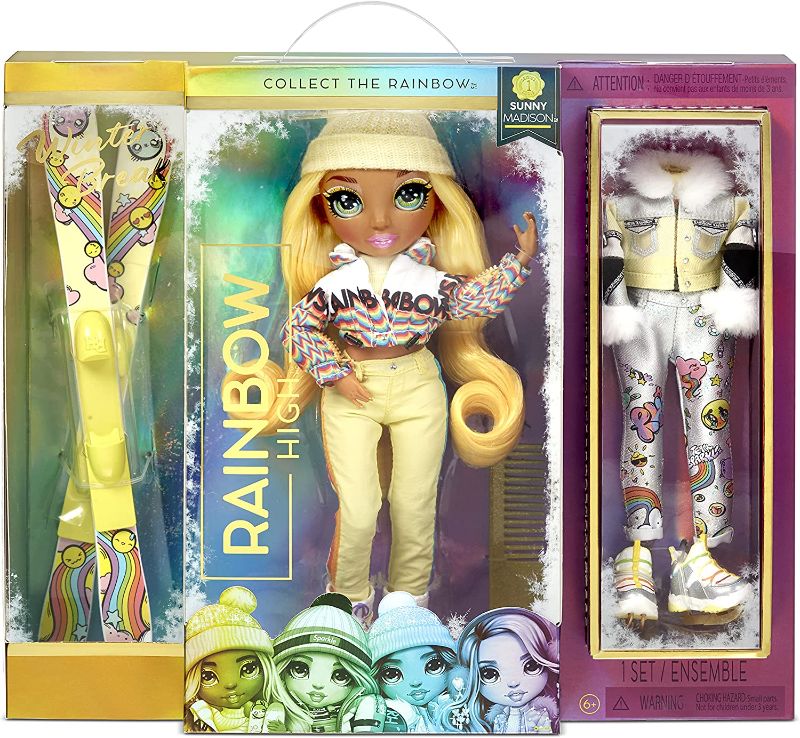 Photo 3 of 3 pack Rainbow High Winter Break Sunny Madison – Yellow Fashion Doll and Playset with 2 Designer Outfits, Pair of Skis & Accessories
