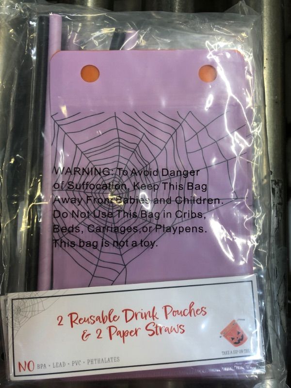 Photo 1 of BOX OF 3- Reusable Drink Pouches - Double Zipper Reusable Smoothie Juice, Clear Zipper Pouch Storage Bags NO LEAKS and Environmentally Friendly & BPA Free, Halloween themed, 2 Reusable drink pouches & 2 paper straws. 10 pack bundle.- 