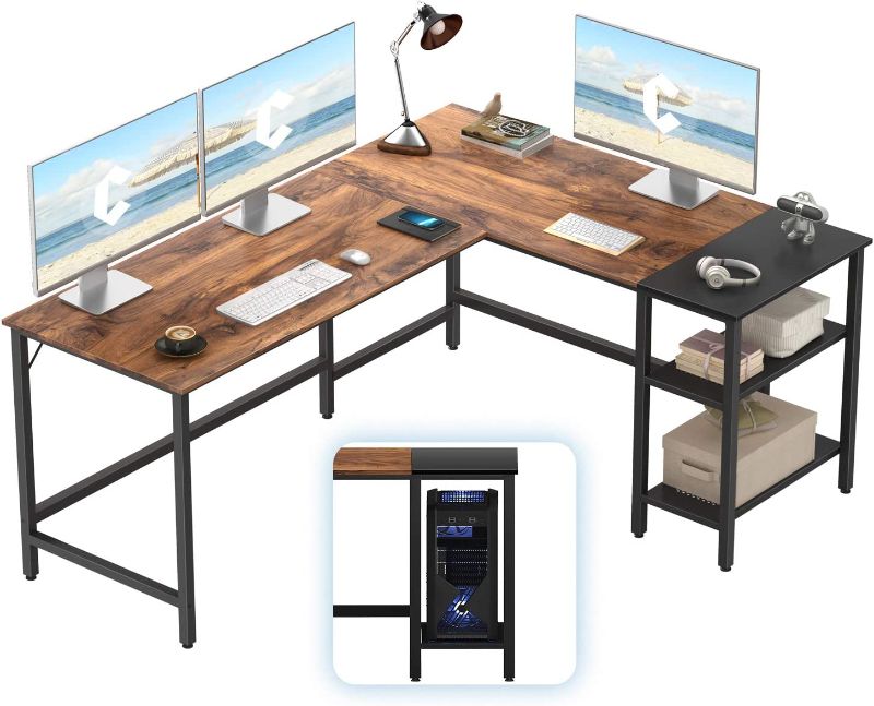 Photo 1 of CubiCubi L-Shaped Computer Desk, Industrial Office Corner Desk Writing Study Table with Storage Shelves, Space-Saving, Deep Brown/Black
