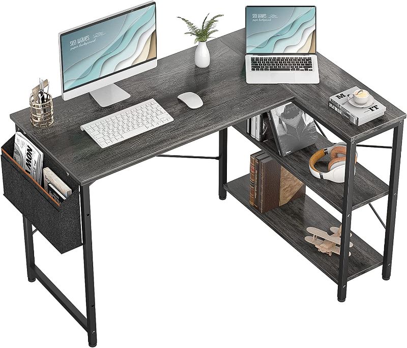 Photo 1 of Small L Shaped Computer Desk, Homieasy 47 Inch L-Shaped Corner Desk with Reversible Storage Shelves for Home Office Workstation, Modern Simple Style Writing Desk Table with Storage Bag(Black Oak)
