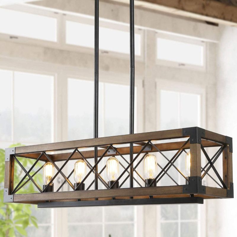 Photo 1 of Farmhouse Chandelier for Dining Room, 5-Light Rectangular Chandelier, Wood Kitchen Island Lighting, 31.5'' L
