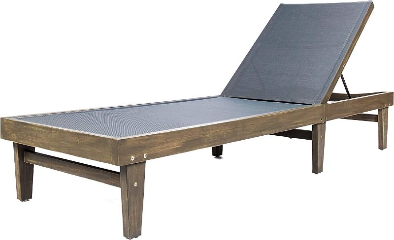 Photo 1 of Christopher Knight Home Summerland Outdoor Mesh Chaise Lounge with Acacia Wood Frame, Grey Finish / Dark Grey Mesh
