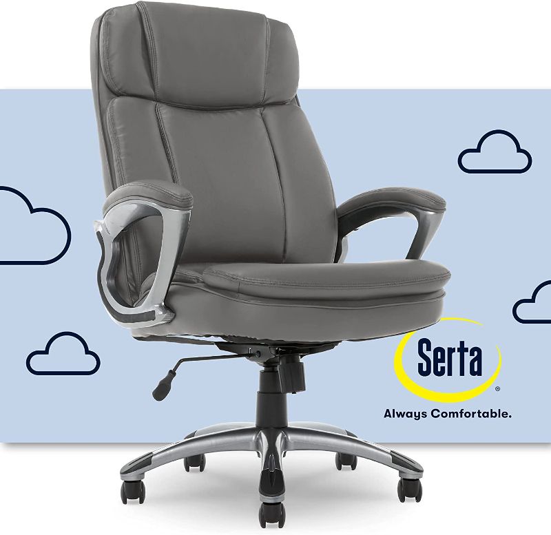 Photo 1 of Serta Big & Tall Executive Office Chair High Back All Day Comfort Ergonomic Lumbar Support, Bonded Leather, Gray

