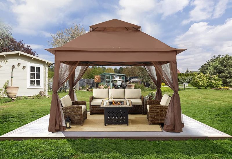 Photo 1 of 11x11Ft Easy Pop Up Gazebo Tent Instant Outdoor Canopy Shelter with Mosquito Netting Walls(Brown)