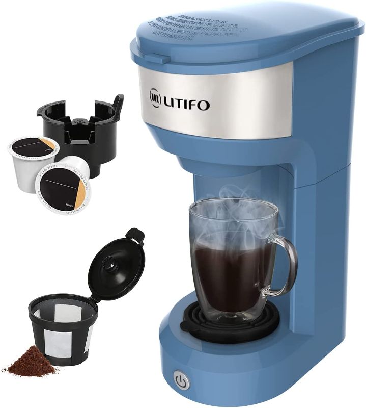 Photo 1 of LITIFO Single Serve Coffee Maker for Ground coffee, Tea & K Cup Pod, 2-In-1 Small Coffee Machine with 6 to 14oz Reservoir, One-Button Fast Brew, Auto Shut-off & Self Cleaning Function (Blue)
