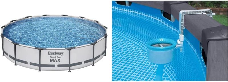 Photo 1 of Bestway 56597E Steel Pro MAX Ground Frame Pools, 14' x 33", Grey & Intex Deluxe Wall Mount Surface Skimmer
