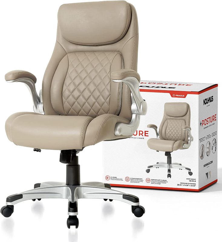 Photo 1 of NOUHAUS +Posture Ergonomic PU Leather Office Chair. Click5 Lumbar Support with FlipAdjust Armrests. Modern Executive Chair and Computer Desk Chair (Taupe)
