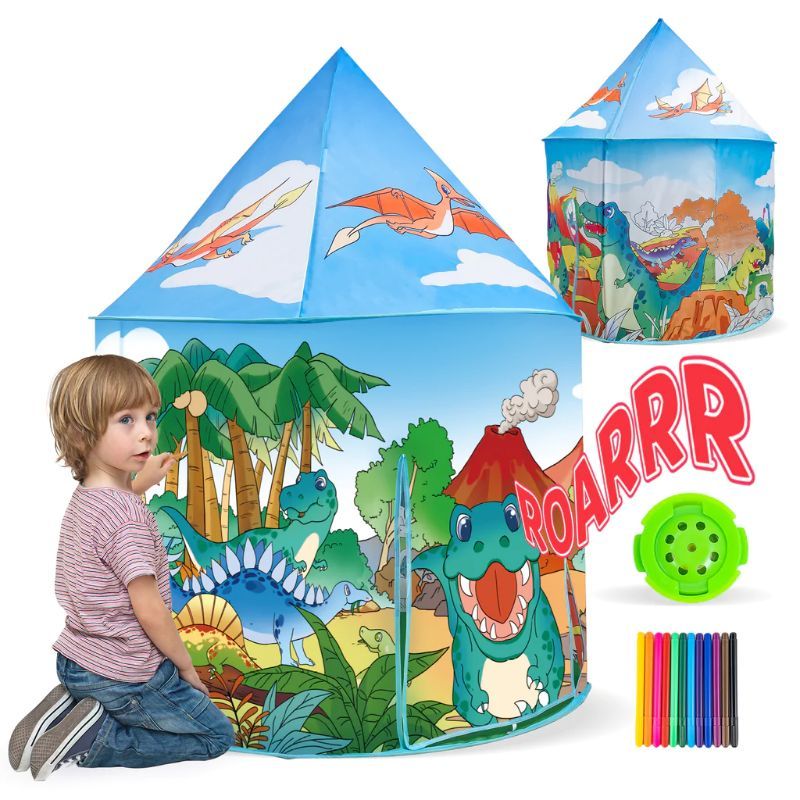 Photo 1 of Dinosaur Painting Playhouse Graffiti Paly Tent, DIY Art Craft Coloring Drawing Doodle Teepee, with Roar Button Indoor Outdoor Gift for Kids Girls Boys
