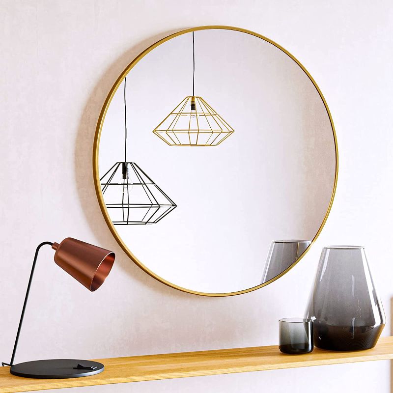 Photo 1 of BEAUTYPEAK Circle Mirror Gold 18 Inch Wall Mounted Round Mirror with Brushed Metal Frame for Bathroom, Vanity, Living Room, Bedroom, Entryway Wall Decor (Gold, 18 Inches)
