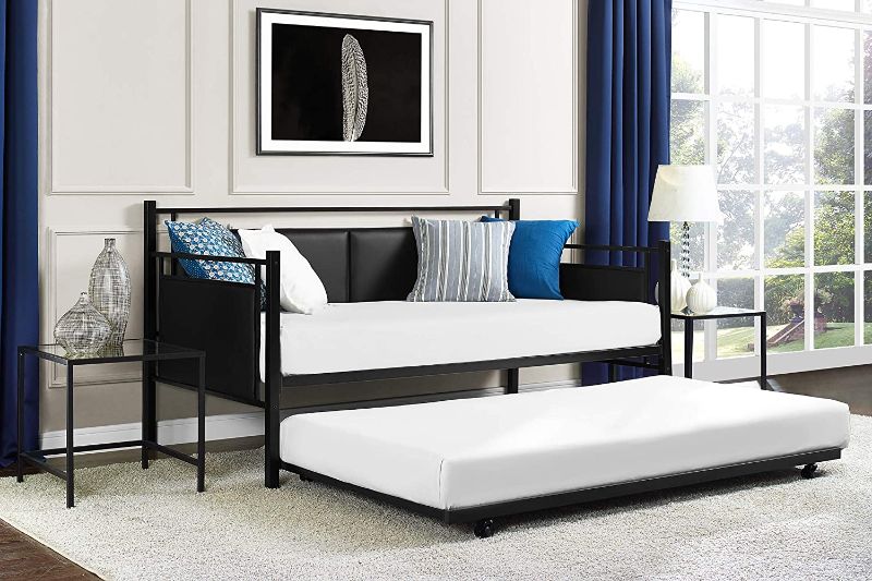 Photo 1 of DHP Astoria Metal and Upholstered Daybed/Sofa Bed with Included Trundle, Twin Size Frame, Black
