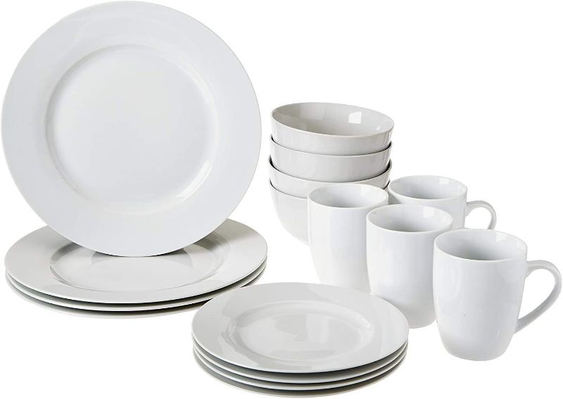 Photo 1 of Amazon Basics 16-Piece Porcelain Kitchen Dinnerware Set with Plates, Bowls and Mugs, Service for 4 - White
