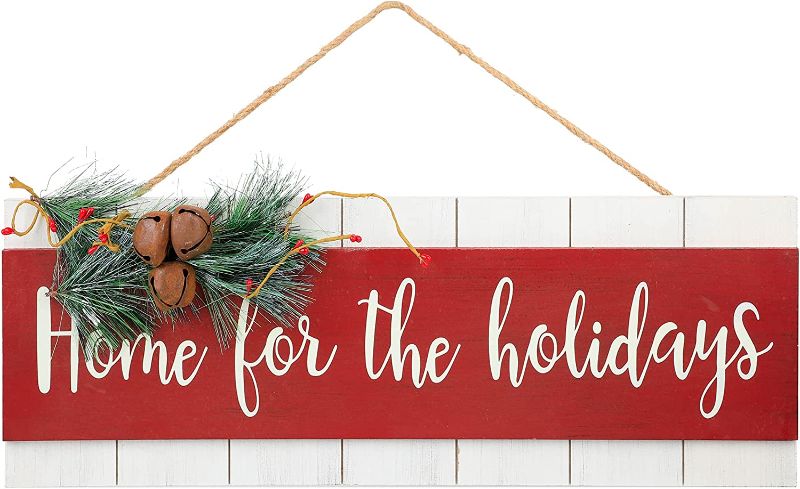 Photo 1 of 2 PK Solution4Patio Rustic Wooden Hanging Christmas Ornament Signs for Front Door, Home for the Holidays, 23.6" W x 7.1" H, with 3 Small Bell and Cedar Leaves, Holidays Decor, Warming Gift
