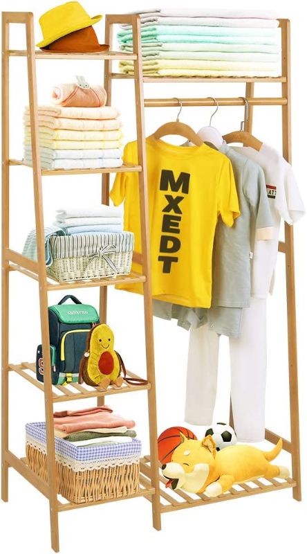 Photo 1 of COOGOU Bamboo Wood Garment Rack Clothing Rack with 5 Tiers Storage Shelf Corner Clothes Hanging Rack for Coat Jacket Trouser Shoe Coat Plant in Home Laundry Commercial Office (Ladder Design)
