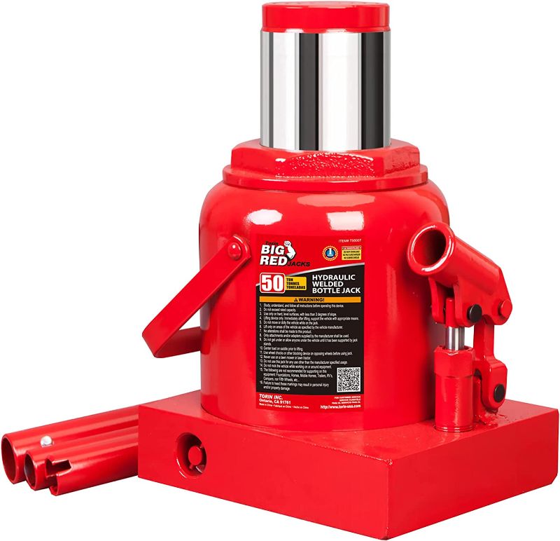 Photo 1 of BIG RED T95007 Torin Hydraulic Stubby Low Profile Welded Bottle Jack, 50 Ton (100,000 lb) Capacity, Red