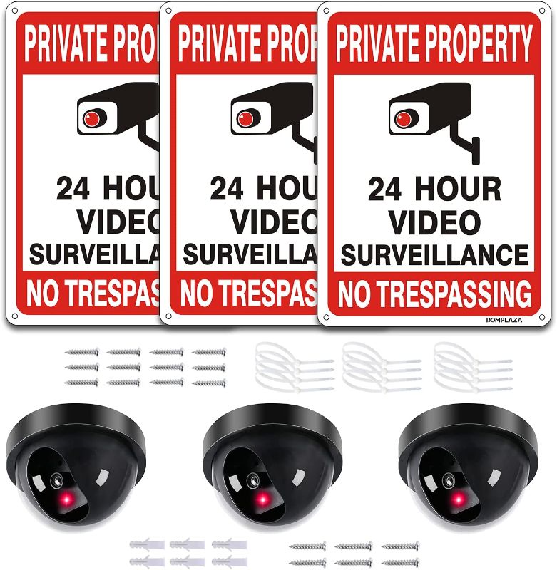 Photo 1 of 3 PCS Fake Security Camera include 3 PCS Metal Private Property No Trespassing Sign with Screws and Zip Ties, Dummy Cameras with Led Lights and Video Surveillance Signs for Outdoor and Business
