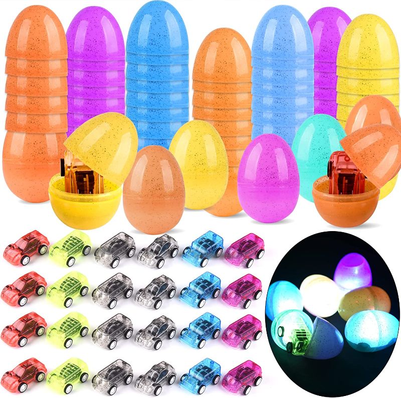 Photo 1 of 24PCS Easter Eggs Filled with Pull-Back Toy Cars - Glow in The Dark Easter Eggs , lastic Egg for Easter Basket Stuffers, Kids Birthday Party Favors, Basket Stuffers Fillers, Goodie Bag Fillers