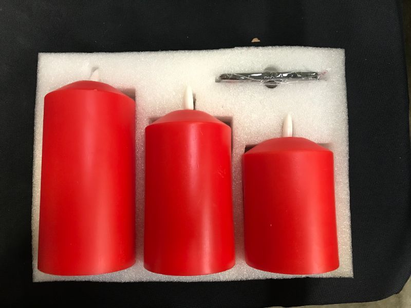 Photo 2 of YHHER Red Flameless Candles Battery Operated LED Candles Set of 3(D:3"x H:4"5"6"),Real Wax Pillar Flickering Candles with 10-Key Remote and Cycling 24 Hours Timer for Party Christmas Decoration
