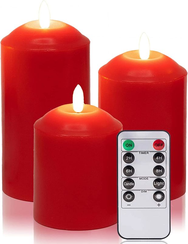 Photo 1 of YHHER Red Flameless Candles Battery Operated LED Candles Set of 3(D:3"x H:4"5"6"),Real Wax Pillar Flickering Candles with 10-Key Remote and Cycling 24 Hours Timer for Party Christmas Decoration
