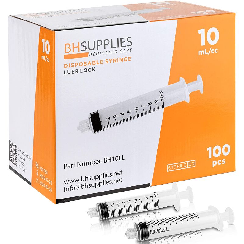 Photo 1 of 10ml Syringe Sterile with Luer Lock Tip, BH SUPPLIES - (No Needle) Individually Sealed - 100 Syringes
