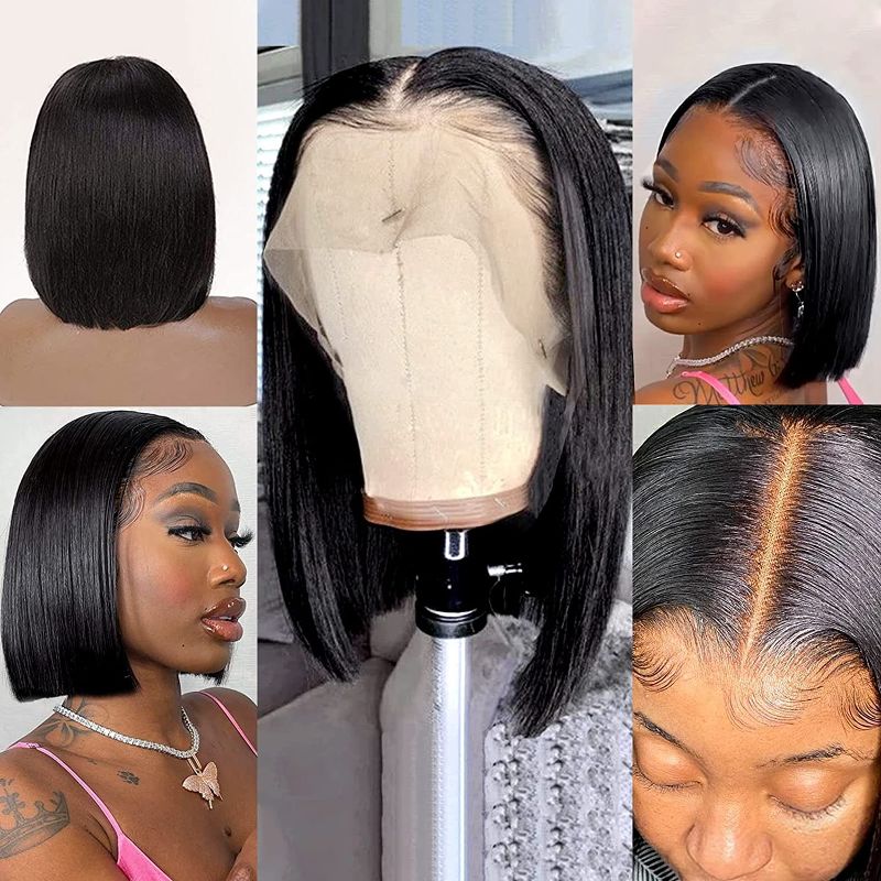 Photo 1 of Ownmehair 13x5x2 Transparent Lace Front Wigs Human Hair T Part Lace Front Wigs Human Hair Bob Wigs with Baby Hair Short Bob Wigs for Black Women Pre Plucked Bleached Knots 180% Density 12Inch
