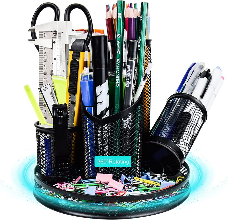 Photo 1 of 360 Degree Rotating 5 Grid Mesh Pencil Holder Desk Organizer 