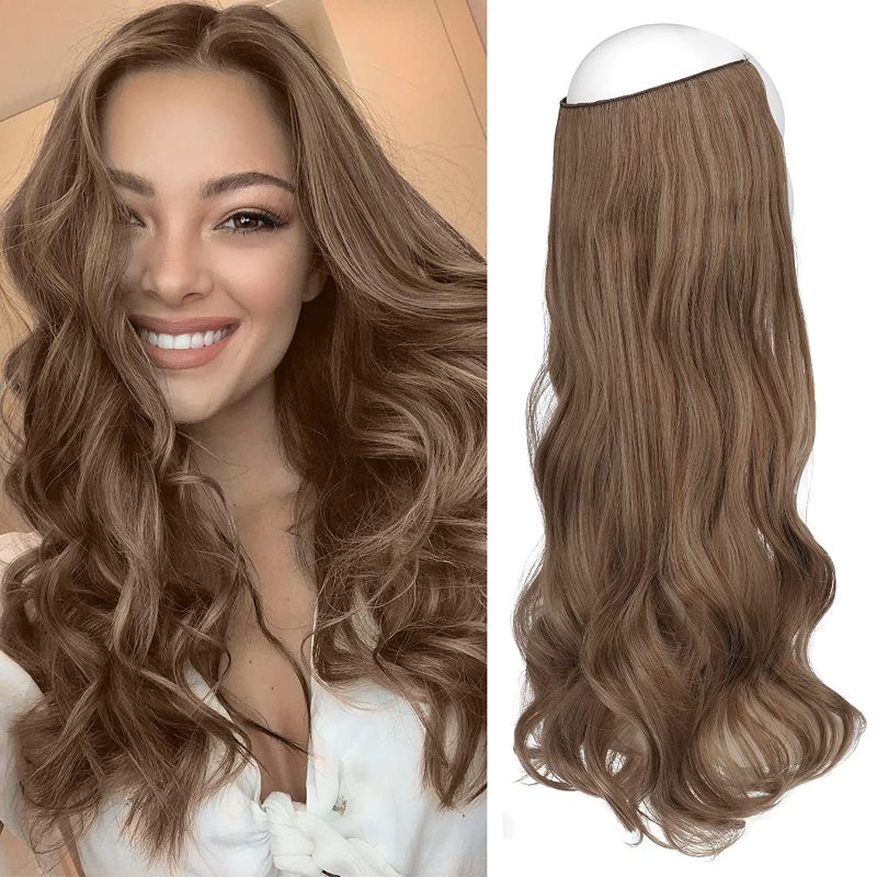 Photo 1 of FESHFEN Invisible Wire Hair Extensions with Clear Headband Adjustable Size One Piece Synthetic Hair Long Curly Wavy Secret Extensions for Women 20 Inch
