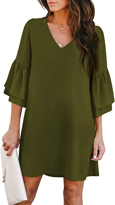 Photo 1 of BELONGSCI Women's Dress Sweet & Cute V-Neck Bell Sleeve Shift Dress Mini Dress---MEDIUM---