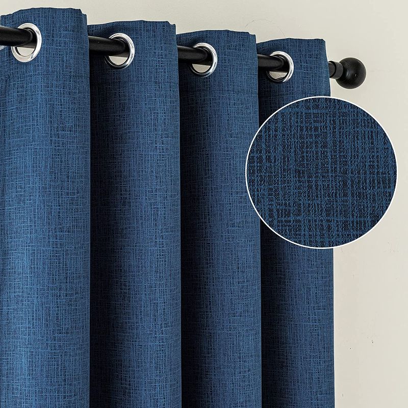 Photo 1 of Blackout Window Curtains for Bedroom Living Room, Textured Faux Linen Window Curtains, Grommets Thermal Insulated Noise Reduce Curtain Panels Set of 2, Good Drape, Blue 42"x63"

