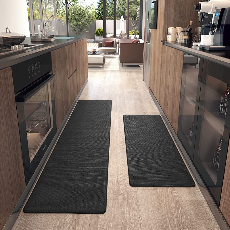 Photo 1 of Color G Kitchen Rugs, Kitchen Rug Set 2 Piece Kitchen Runner Rug Kitchen Floor Mat, Cushioned Anti Fatigue Kitchen Mat Non Skid Waterproof Comfort Standing Kitchen Rug, 17"x29"+17"x59", Black
