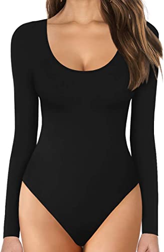 Photo 1 of MANGOPOP Women's Scoop Neck Short Sleeve Long Sleeve Stretchy Basic Bodysuit Jumpsuits---MEDIUM---
