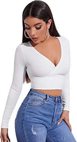 Photo 1 of MakeMeChic Women's Deep V Neck Long Sleeve Cross Wrap Crop Tops---Medium---