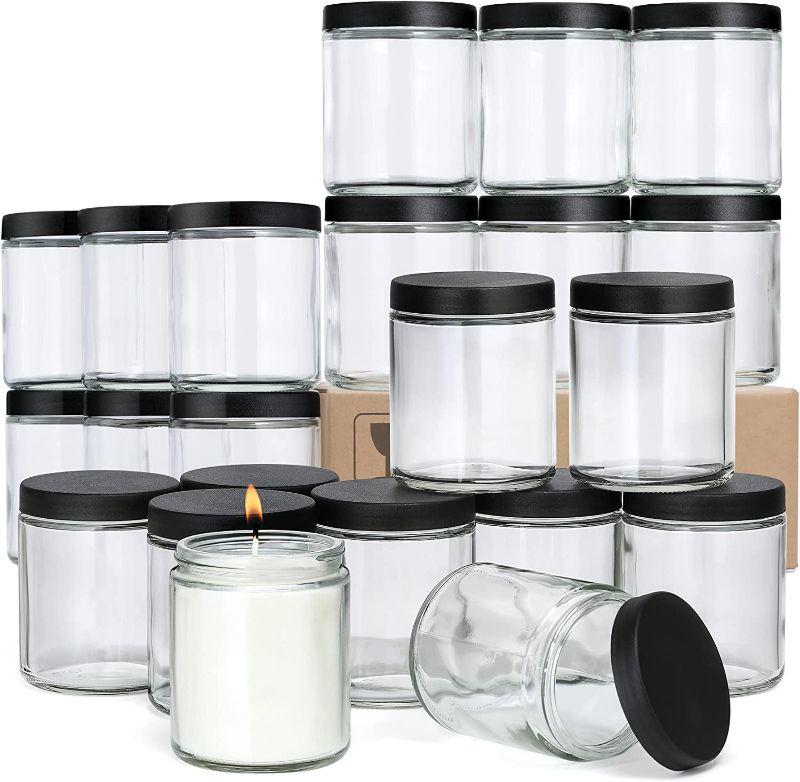 Photo 1 of 24 Pack, 8 OZ Thick Clear Round Glass Jars with 24 Lids, Leakproof & Dishwasher Safe