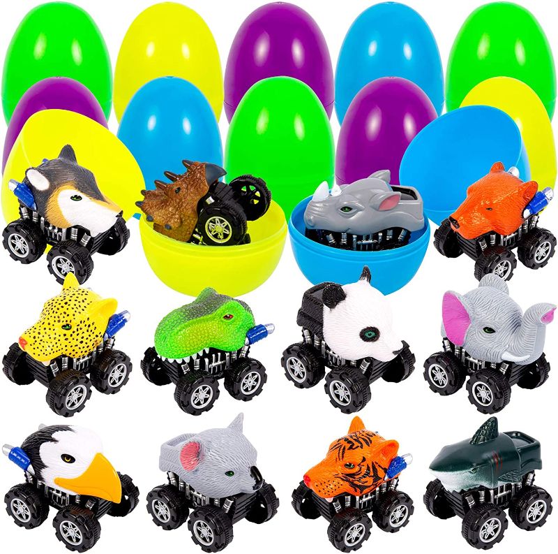 Photo 1 of 12 Pack Easter Eggs with Toys Inside, Easter Basket Stuffers, Prefilled Plastic Easter Eggs with Toy Animal Pull Back Cars for Easter Eggs Hunt, Easter Egg Fillers, Easter Gift for Kids Boys
