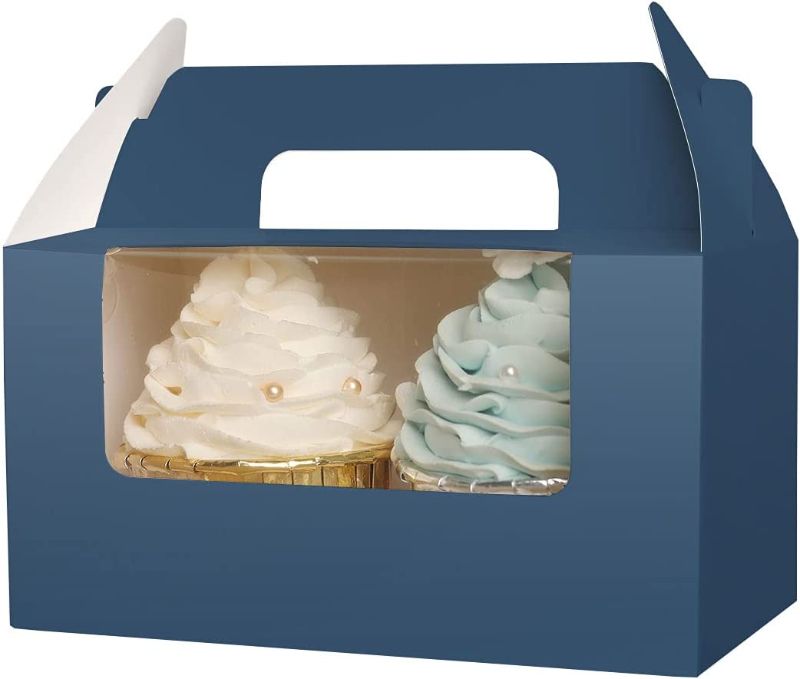 Photo 1 of Yotruth Lake Blue Cupcake Box 2 Holders?25Packs?,6.2 x 3.5 x 3.5 inch, Pop Up Cupcake Carrier with Insert and Display Window

