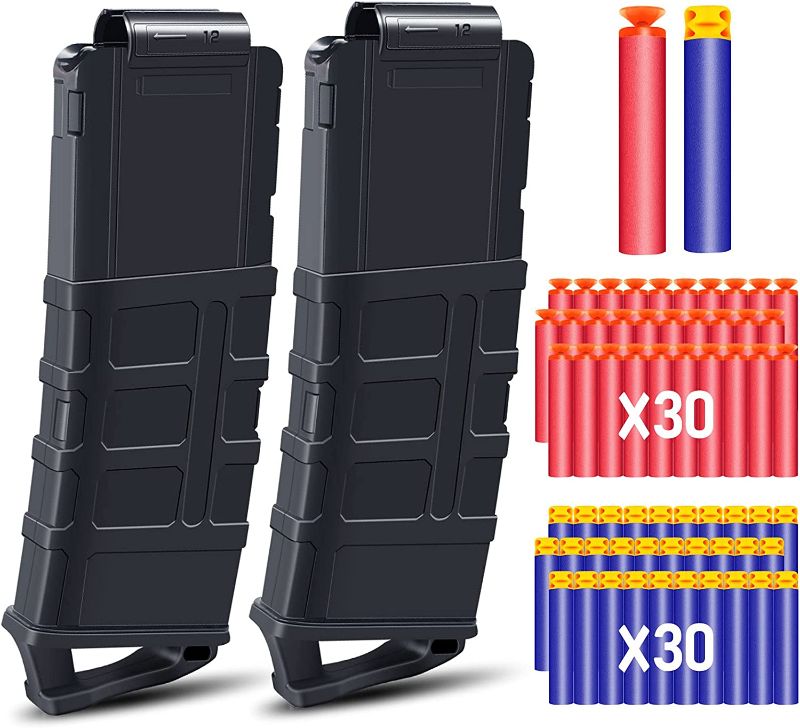 Photo 1 of POKONBOY 12-Dart Quick Reload Clip with 60 Pcs Refill Darts, Soft Bullet Magazine Clip Fit for Nerf N-Strike Elite Series (Pack of 2)
