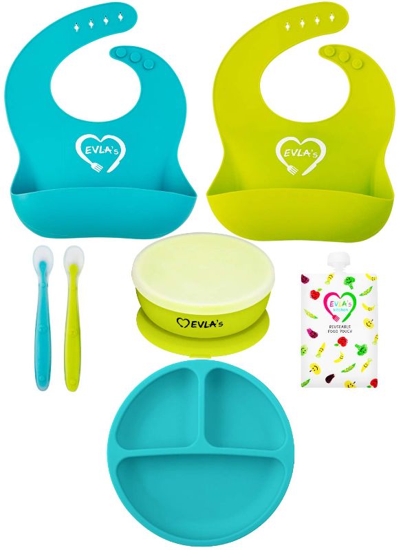 Photo 1 of Baby Feeding Set | Silicone Bib Plates Bowls Spoons | Divided Plate Suction Bowl & Soft Spoon Aids Self Feeding | Adjustable Bib Easily Wipe Clean | Spend Less Time Cleaning Up After Toddler/Babies
