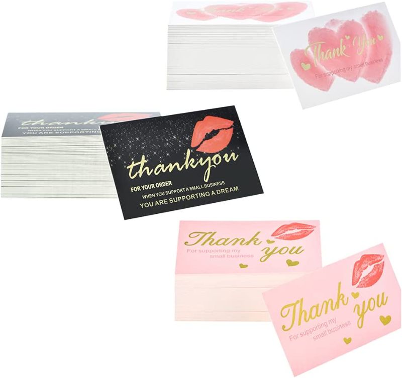 Photo 1 of YHJ Thank You for Supporting My Small Business Cards, Premium Look And Feel With Gold Foil Hearts (Business Card Sized (2x3.5) inch) 360 Sheets- Purchase Inserts to Support (Pink Black3)
