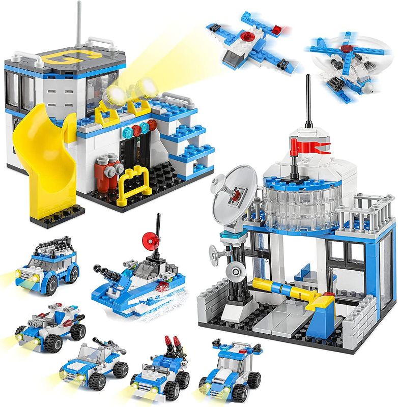 Photo 1 of City Police Station Building Set 807 PCS, Command Center Building Toy with Helicopter, Vehicles, Ship, Best Learning Roleplay STEM, Toys for Boys Girls 3-12, Birthday Gift
