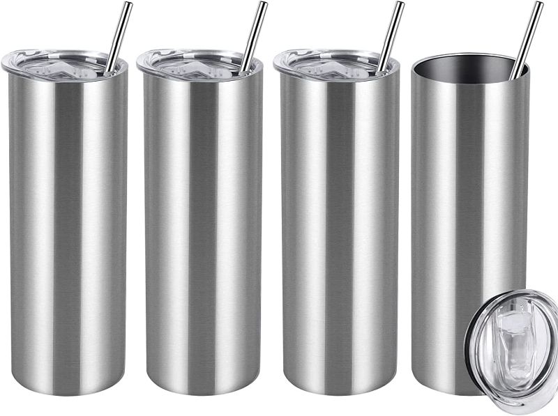 Photo 1 of 30 Oz Straight Skinny Tumbler Set, 4 Pack Stainless Steel Slim Tumbler 30 Oz Skinny with Lid and Straw, Insulated Skinny Slim Water Tumbler for Diy, Silver
