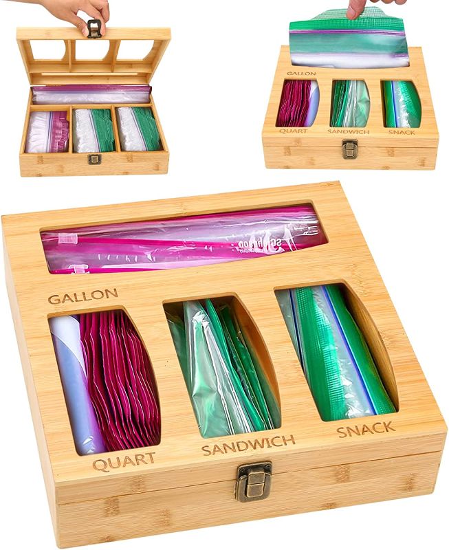 Photo 1 of Bamboo Ziplock Bag Storage Organizer For Kitchen Drewer-Sandwich Bag Holder-Wood Zip Lock Bag Container Organizer-Compatible With Ziploc, Hefty, Glad - Gallon, Quart, Sandwich Food Platstic Bags (OB2)
