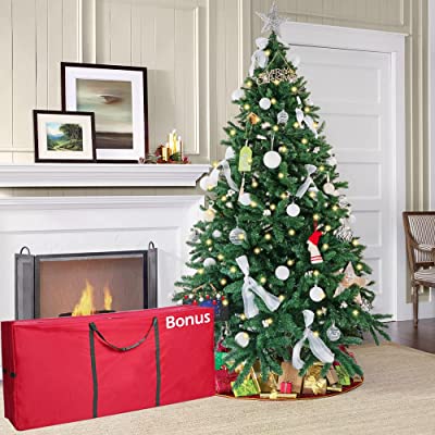 Photo 1 of 7ft Artificial Non Pre-lit Christmas Tree with 200 LED Warm White String Lights?8 Lighting Modes, A Storage Bag & Christmas Decorations Ornaments, 1265 Branch Tips, Metal Base (7FT-Green)
