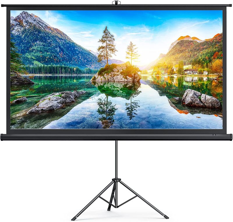 Photo 1 of 100 inch Portable Indoor Outdoor PVC Movie Projector Screen with Stand, 4K HD 16: 9 Wrinkle-Free Design for Home Theater or Backyard Movie Night (160° Viewing Angle, Easy to Clean & Carry Bag)
