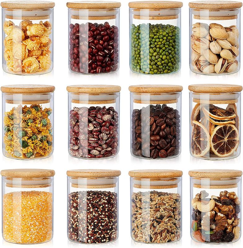 Photo 1 of 12 Pack Glass Jars Set, AIKWI Spice Jars with Bamboo Lids, Clear Glass Food Storage Containers, Kitchen Canisters Set for Sugar, Tea, Cookie, Coffee - Labels & Pen 8.5 oz