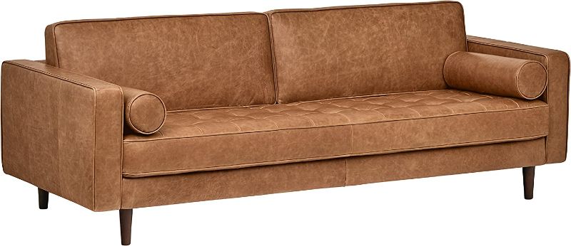 Photo 1 of Amazon Brand – Rivet Aiden Mid-Century Modern Leather Sofa Couch, 86.6"W, Cognac
---FACTORY SEALED---