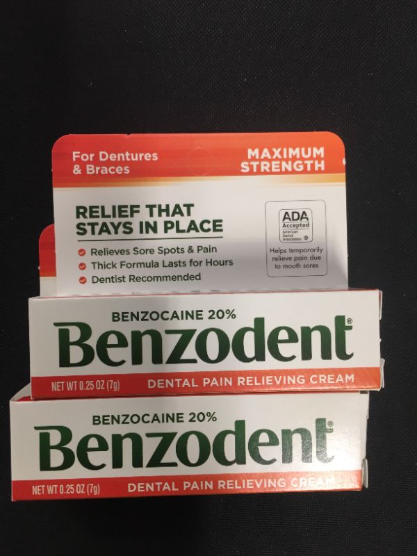 Photo 1 of Benzodent Denture Pain Relieving Cream - 0.25 oz
bundle of 2 exp 4 2024