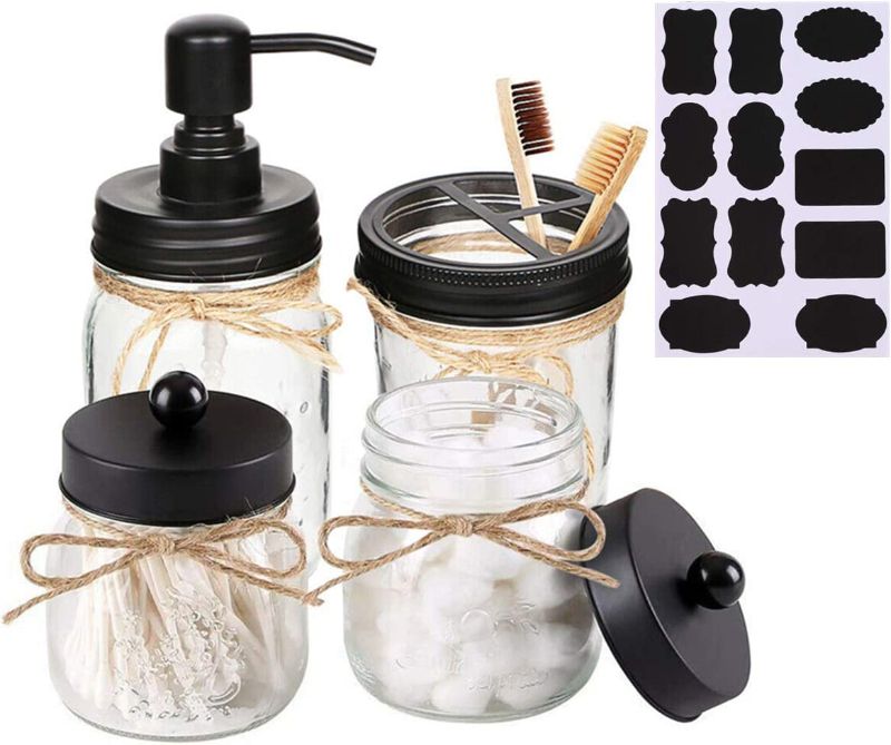 Photo 1 of Aebor Mason Jar Bathroom Accessories Set(4 Pcs)-Foaming Soap Dispenser &2 Cotton Swab Holder Set &Toothbrush Holder(Black)
