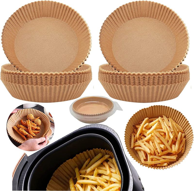 Photo 1 of Air Fryer Disposable Paper Liner, Non-stick Disposable Air Fryer Liners, Oil-proof, Water-proof, Food Grade Parchment Paper, Baking Paper for Baking Roasting Microwave Oven Frying Pan (50Pcs). 2 COUNT 
