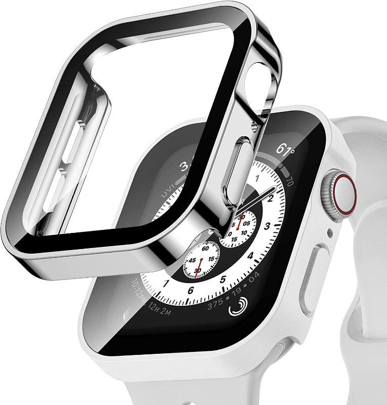 Photo 1 of [2 Pack] Meorcr Compatible for Apple Watch Series 6 Se Series 5/4 44mm Case with Tempered Glass Screen Protector Accessories Slim Guard Thin Bumper Full Waterproof Cover(Matte Silver,Glossy Silver) 2 COUNT
