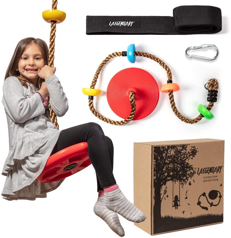 Photo 1 of LAEGENDARY Tree Swing for Kids - Single Disk Outdoor Climbing Rope w/ Platforms, Carabiner & 4 Ft Tree Strap - Playground Accessories - Multicolored
