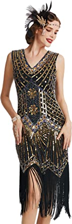 Photo 1 of BABEYOND Women's Flapper Dresses 1920s V Neck Beaded Fringed Great Gatsby Dress---MEDIUM---